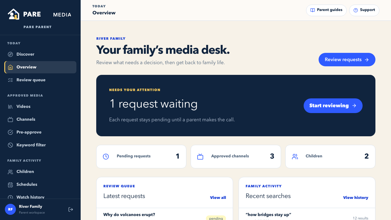 PARE Parent household dashboard with review queue and family summary
