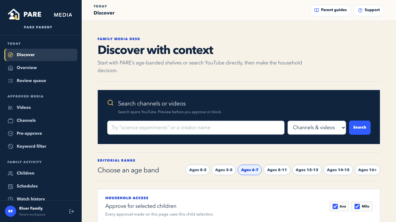 PARE Parent Discover screen with video search, age bands, and child approval scope